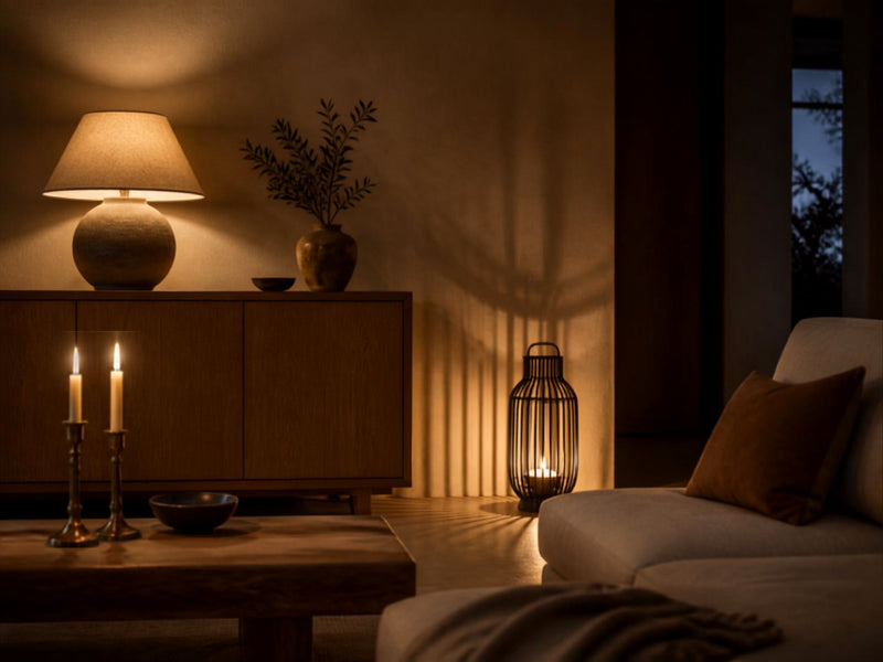 Wohnzimmer bei Dämmerung mit Sideboard, Laterne und Sofa, beleuchtet nur von warmem Licht unterhalb der Augenhöhe