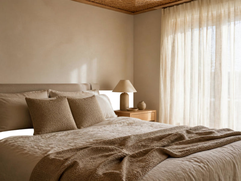 Schlafzimmer in Naturtönen mit Leinenbettwäsche, grob gewebtem Überwurf am Fußende und Nachttisch aus Holz