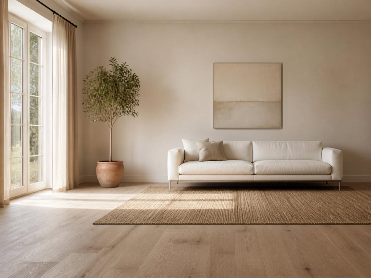 Kleines Wohnzimmer mit hellem Sofa auf sichtbaren Beinen, großem Jute-Teppich und viel freier Bodenfläche