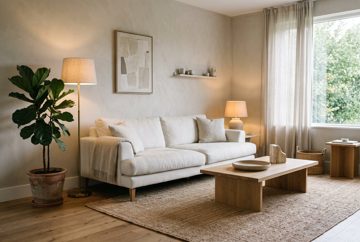 Wohnzimmer in Naturtönen mit Jute-Teppich, Leinensofa und Keramikvase auf dem Beistelltisch
