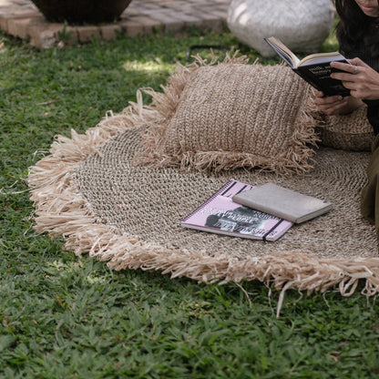 Seegrasteppich Dasa – Rund mit Fransen, 100 oder 120 cm, aus Seegras mit Raffia-Fransen, handgewebt